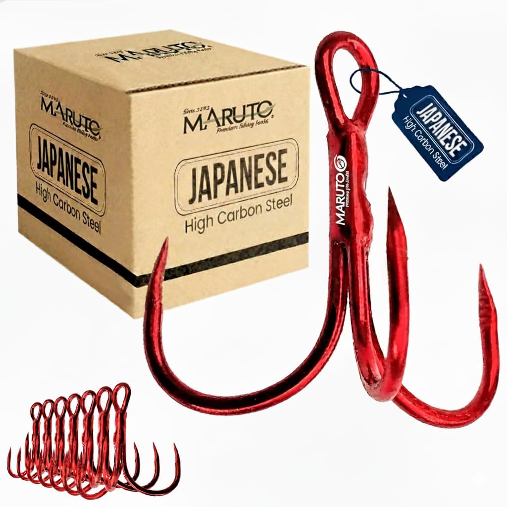 Maruto Barbless Treble Fishing Hooks, Sharp and Strong Japanese High Carbon Steel, Sizes #1 to #8, Available in Black & Red