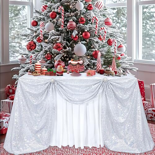 Image of B-COOL Silver Sequin Tablecloth Fabric Parties: Laser Glitter Birthday Table Cloth Sparkly Iridescent Shimmer Rectangle 90x156 Inches Cloths Decorations for Party Supplies Event Wedding Decor