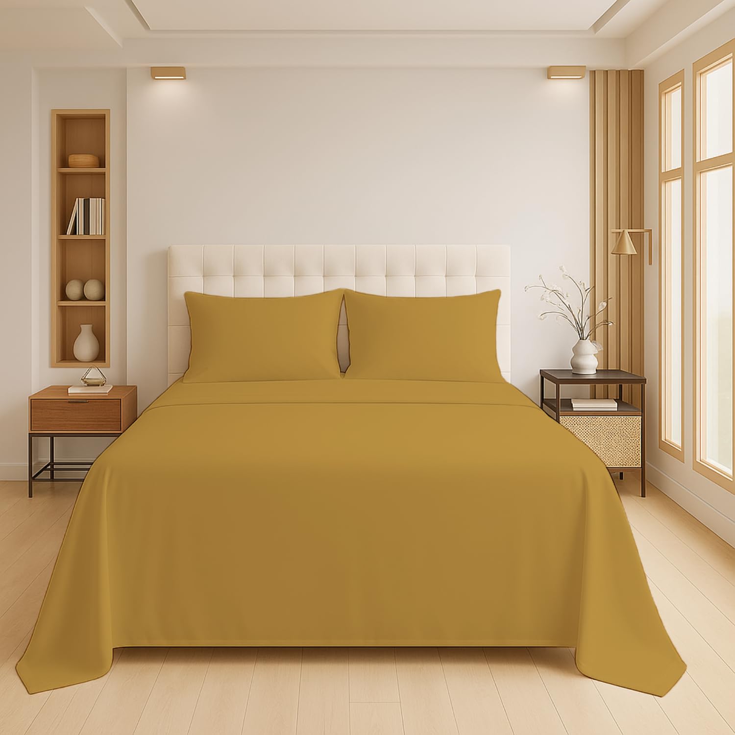 Luxury Flat Sheet Polycotton Plain Dyed Easy-care Non-Iron Bedsheets Parcale Wrinkle-resistant polycotton fabric (50% cotton 50% polyester) (Mustard, Super King) โ image 1
