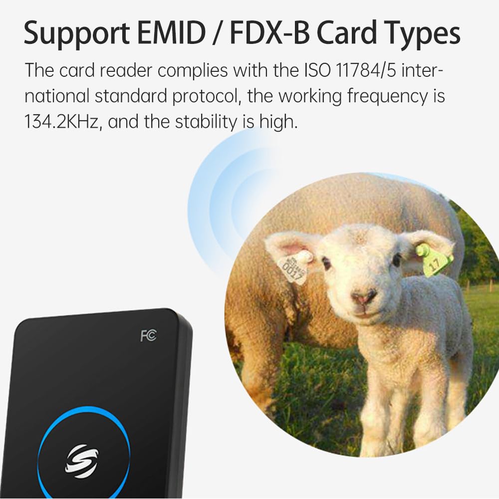Lector de tarjetas de identificación RFID de 134,2 Khz para tarjetas EMID/FDX-B, puerto USB, adecuado para gestión de animales, gestión de peces, equipo de alimentación automática, color negro