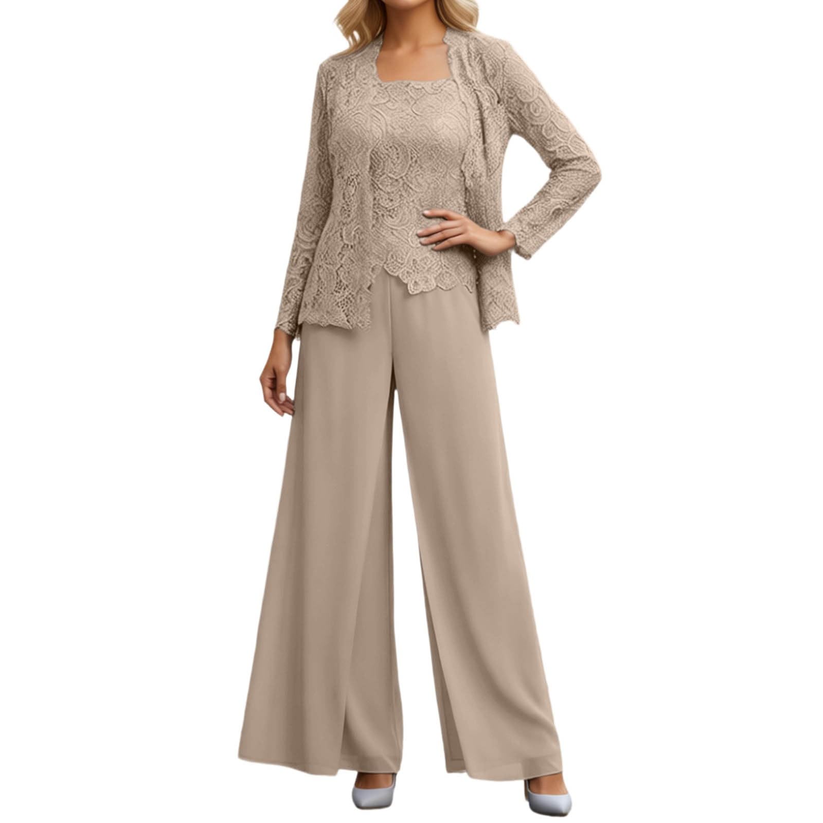 3 pezzi in chiffon per la madre della sposa con giacca, applicazione in pizzo, abito formale, da cocktail, da sera con pizzo, cardigan, pantaloni per il tempo libero