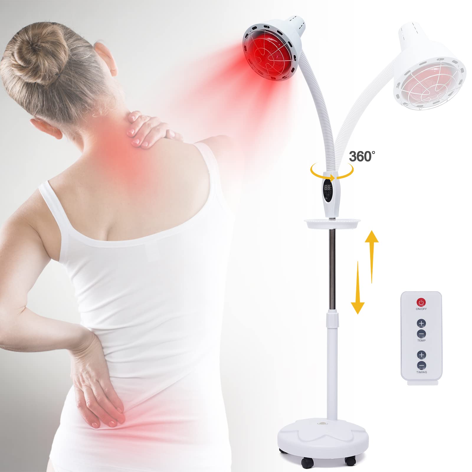 Lámpara infrarroja de luz roja, lámpara de calor con soporte, lámpara de pie para tratamiento de heridas, rotación de 360°, 275 W, A++ hasta E