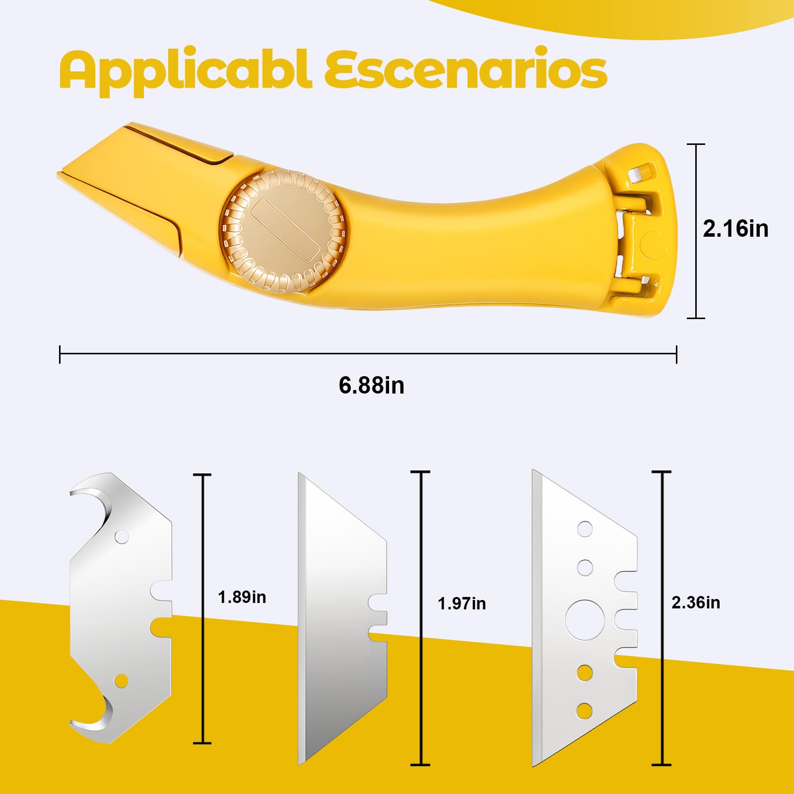 Paquete de 2 cuchillos de techo resistentes con hoja fija, cuchillo utilitario amarillo de seguridad con funda y cuchillas de gancho, herramienta de corte de alfombras de aluminio de alta