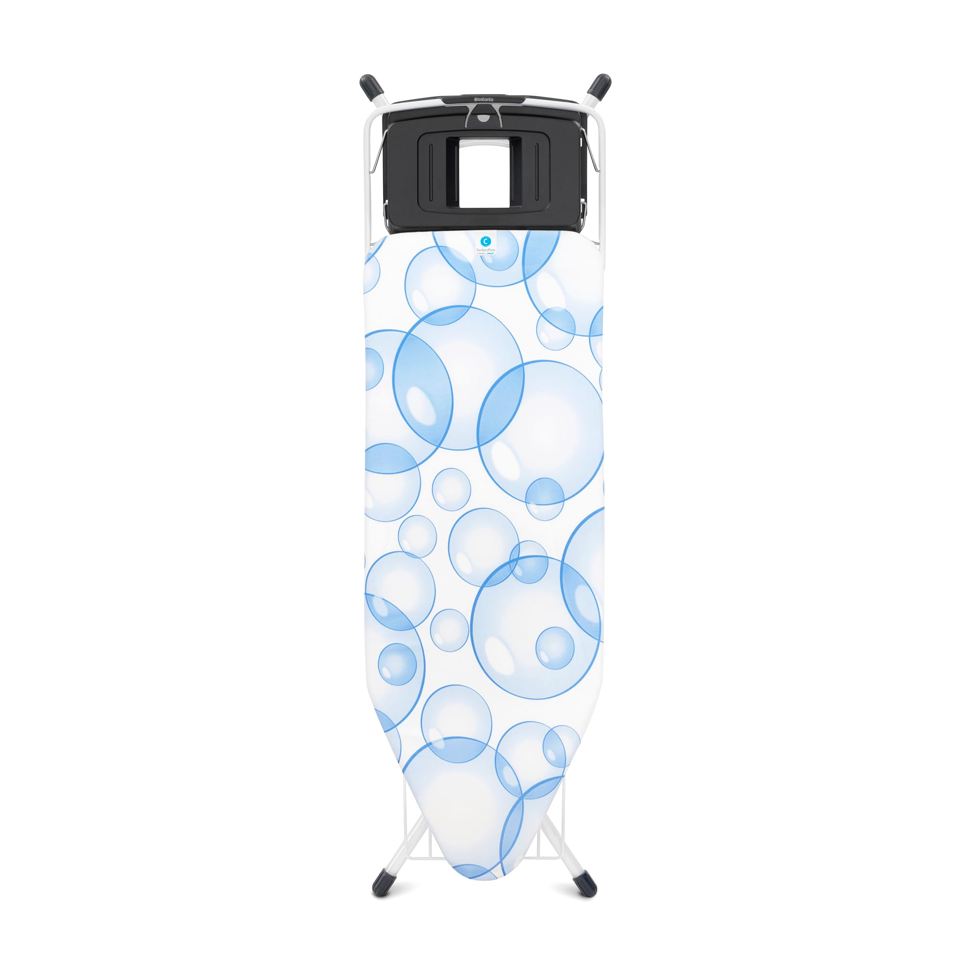 Brabantia Size C Ironing Board (124 x 45 cm) 7 Height Options, PerfectFlow, Foldable Steam Unit Holder + Linen Rack (Bubbles) Non-Slip Feet, Anti-Collapse Child Locks