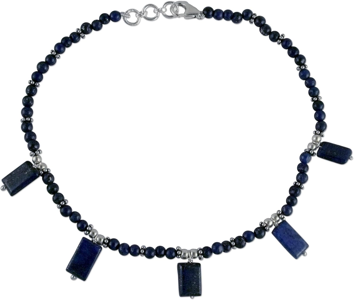 NOVICA Artisan Handmade Lapis Lazuli Anklet Sterling Silver Blue Beaded India Birthstone [10 in min L x 10.5 in max L x 0.1 in W Pendant(s) 0.6 in L x 0.2 in W x 0.1 in D] ' Sky Princess'