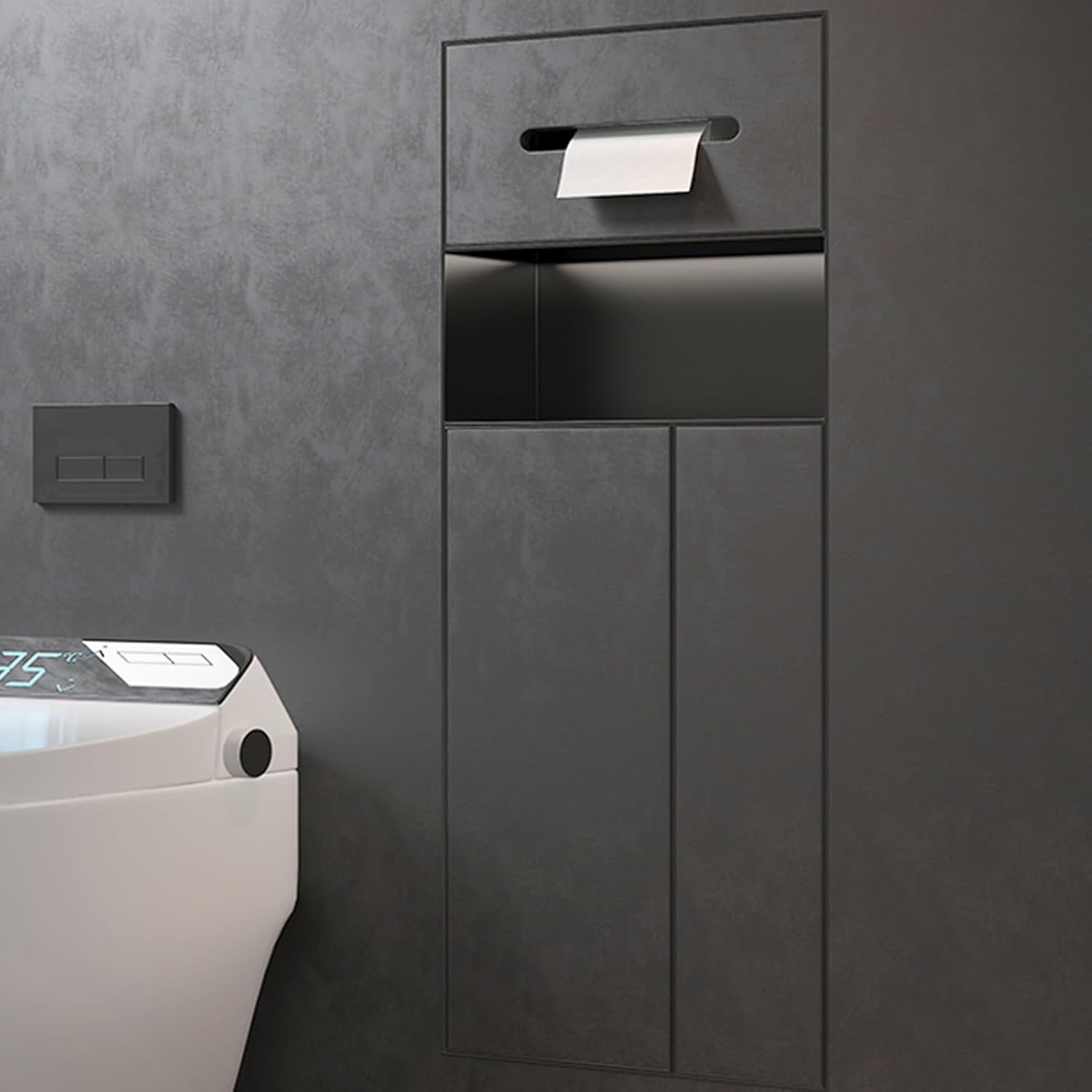 Recessed Stainless Steel Shower Niches & Toilet Paper Holder, Space-Saving Hidden Cabinet Trash Can for Kitchen, Living Room, Bedroom, Hotel (Black, 45.6x20x14cm)