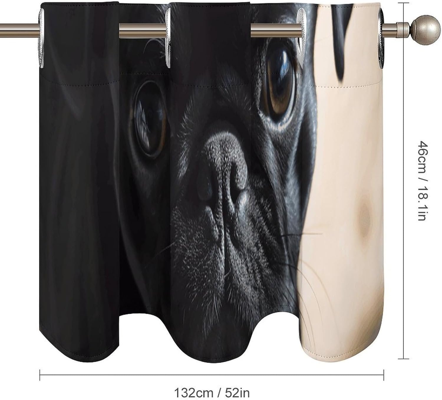 Black Pug Dog Puppy Valance for Windows, 2 Pack Kitchen Curtains Modern Home Decor, Soft Blackout Window Curtains for Living Room & Bedroom, 18 X 52 Inch