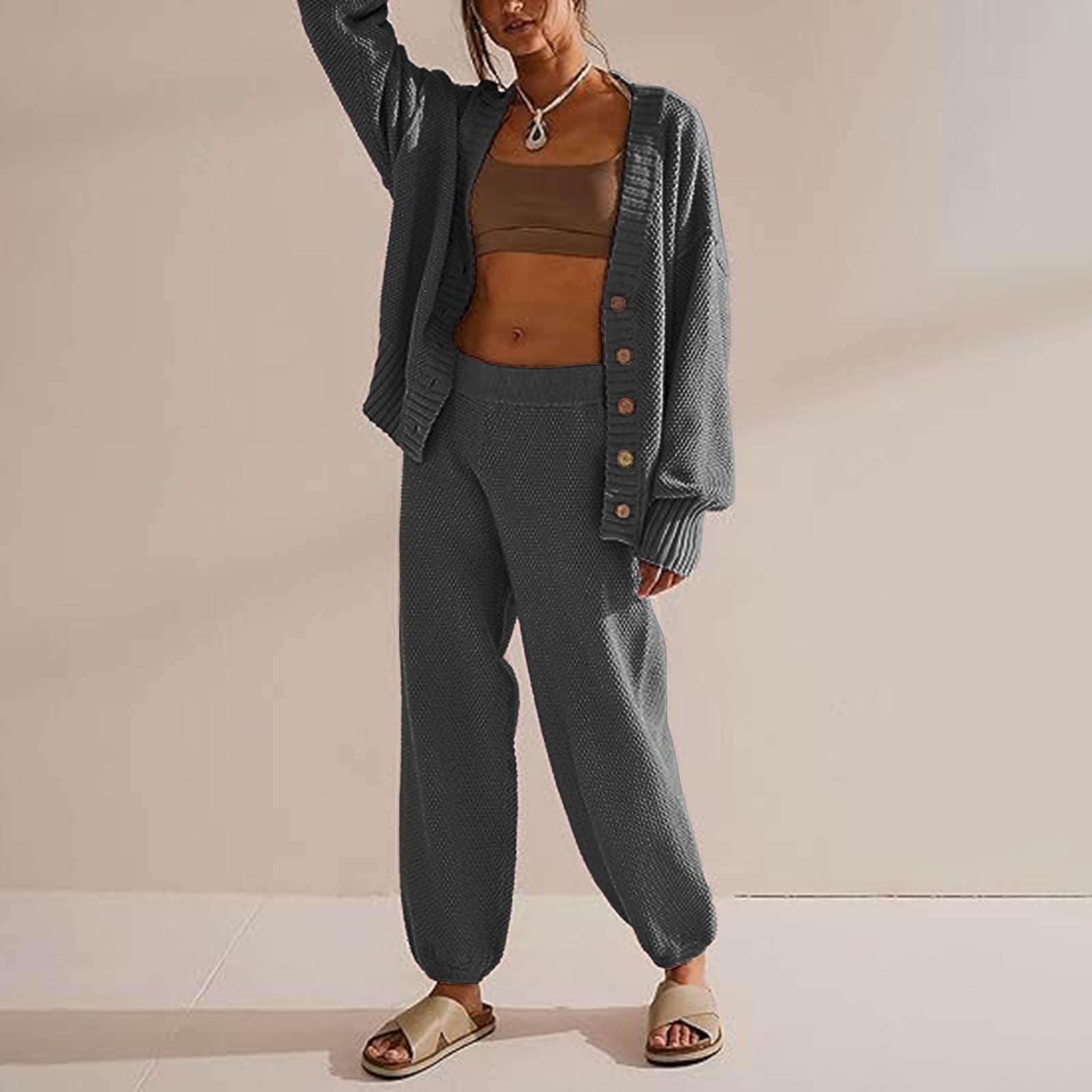 Set di pantaloni e pantaloni a maniche lunghe tinta unita, alla moda, casual