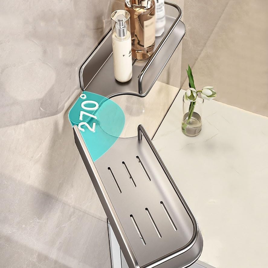 Estanteria Ducha Estante de almacenamiento for baño montado en la pared, estante de ducha de esquina ajustable de 270°, estantes de ducha de acero al carbono modernos sin perforaciones for el baño de
