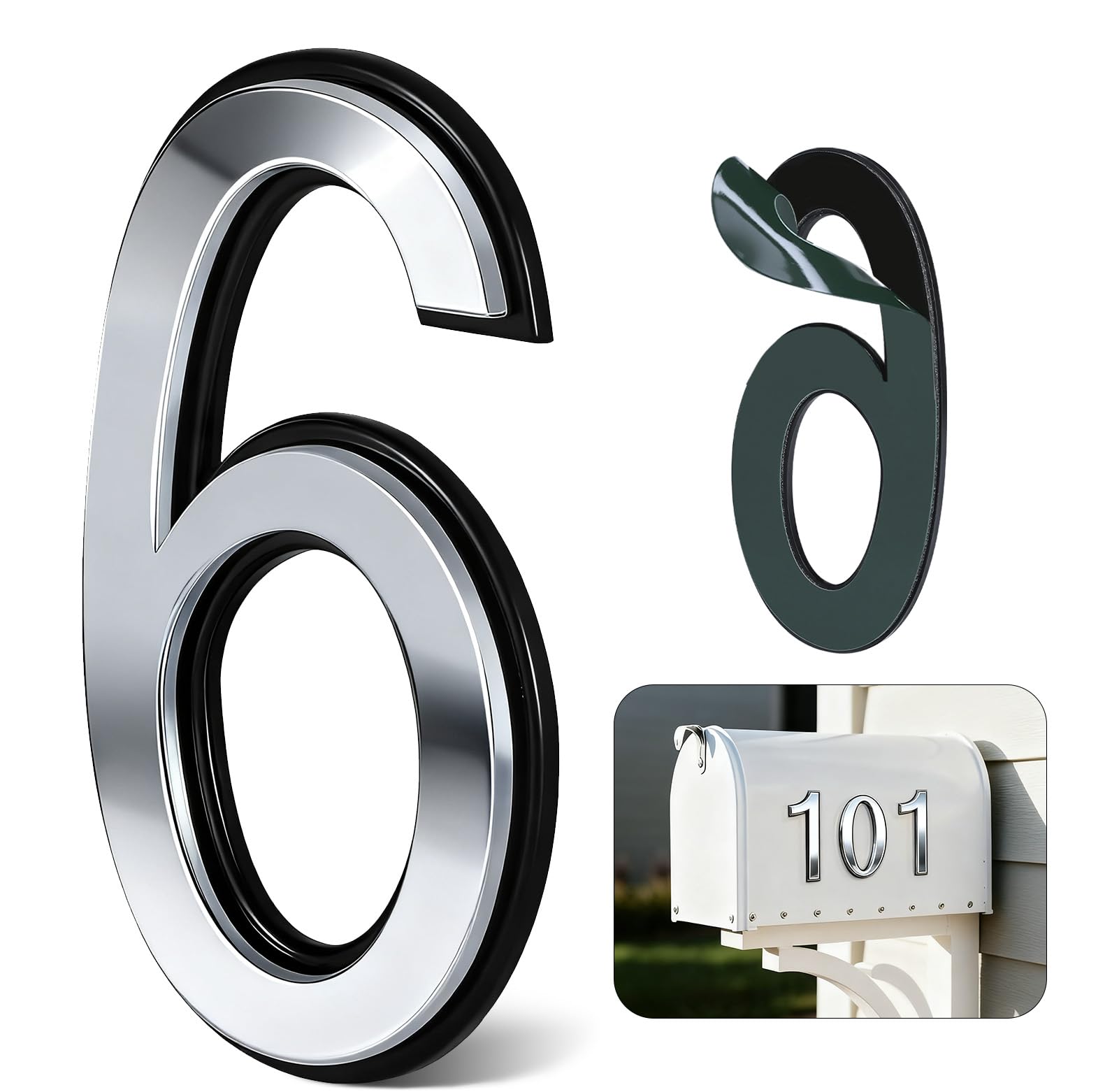 4 Inch Silver House Numbers for Outside, VONDERSO Self-Adhesive Mailbox Numbers with Exclusive Electroplated Finish and Durable ABS Base, for House Plaques, Mailbox, Yard, Garage – Plaque Number ‘6’