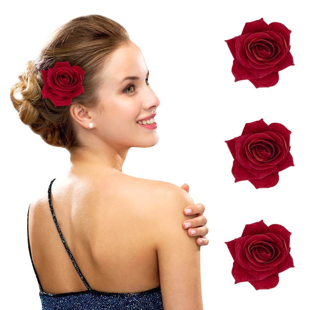 APSAMBRFashion Red Fabric Rose Flower Hair Clip For Women (Pack Of 2) 2