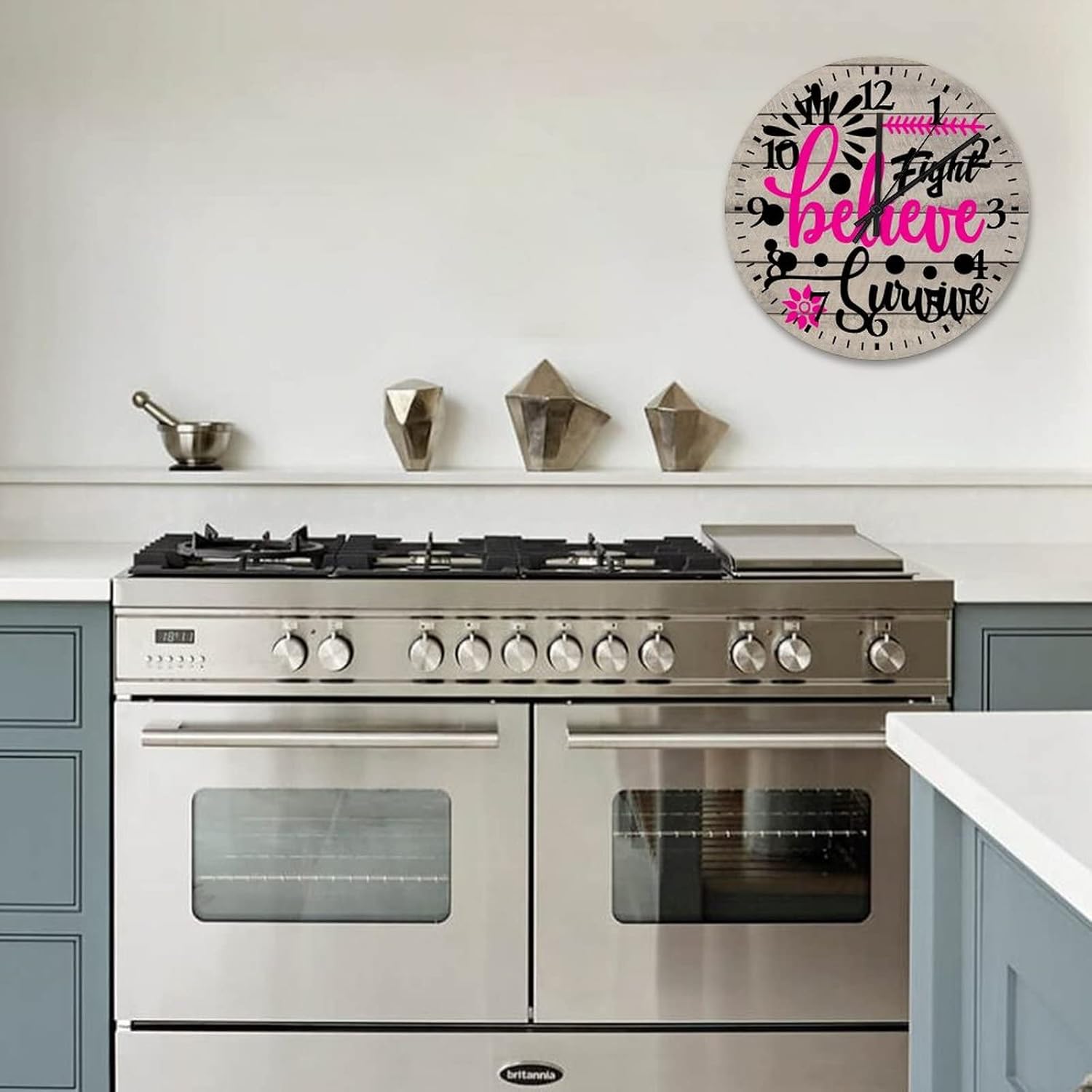 Breast Cancer Fight Believe Survive Wall Clock 12 Inch, Breast Cancer Awareness Ribbon Table Clock Battery Operated Round Arabic Numeral Clock for Farmhouse Living Room Bedroom Kitchen Home