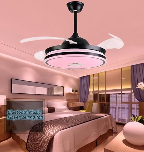 Miniatura 2 de RuiWing - Ventilador de techo Bluetooth de 42 pulgadas con luz y altavoz, control remoto, cuchillas retráctiles, lámpara LED de música, 7 colores,