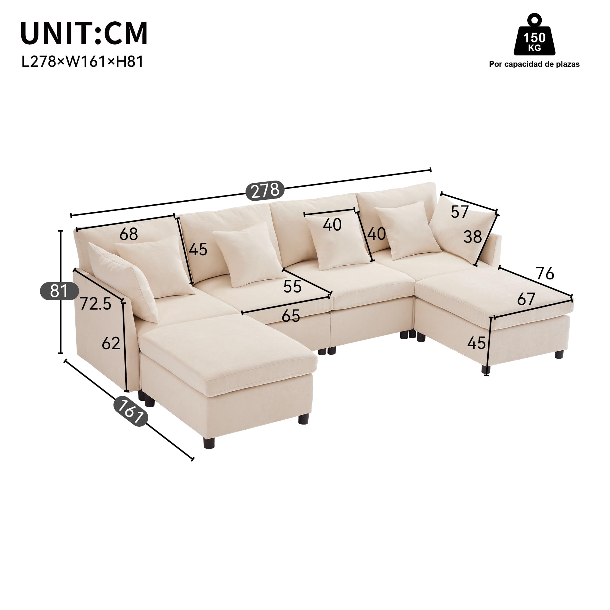 Mrwoo Sofá Cama en L Modular, 4 Plazas con Reposapiés, Extensible para Dormir, 6 Cojines, Sofa para Salón/Dormitorio/Apartamento, Chenilla, Color Beige