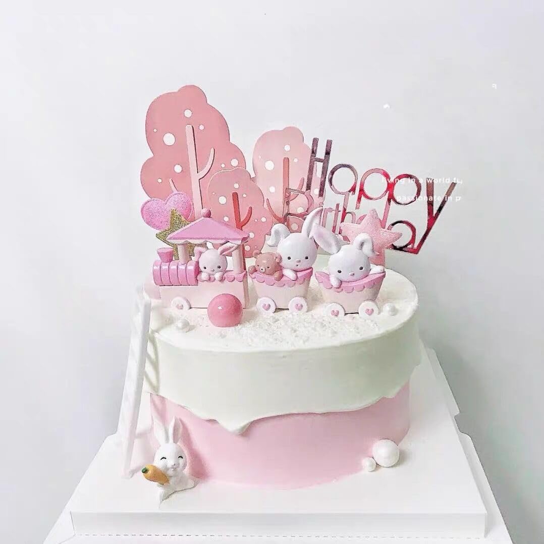 Bunny Cake Topper - 23PCS Rabbit Figures Cake Toppers, Bunny Toys Fairy Garden Cake Decorations, Easter Cake Decorations for Girls Boys, Kids Birthday Party Pink Bunnies Supplies