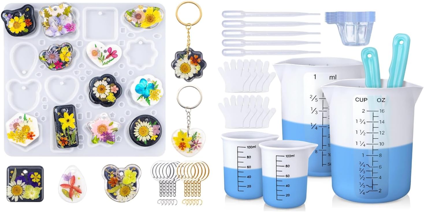 LET'S RESIN Keychain Resin Molds Silicone with Silicone Measuring Cups