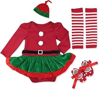 Christmas Outfit Baby Girl Romper Dress Newborn Tutu Skirts My First Christmas Baby Girl Outfit Santa Costume Dress Up with Red Hat and Baby Leg Warmers + Shoes Green 4PCS Long Sleeve 3-6 M