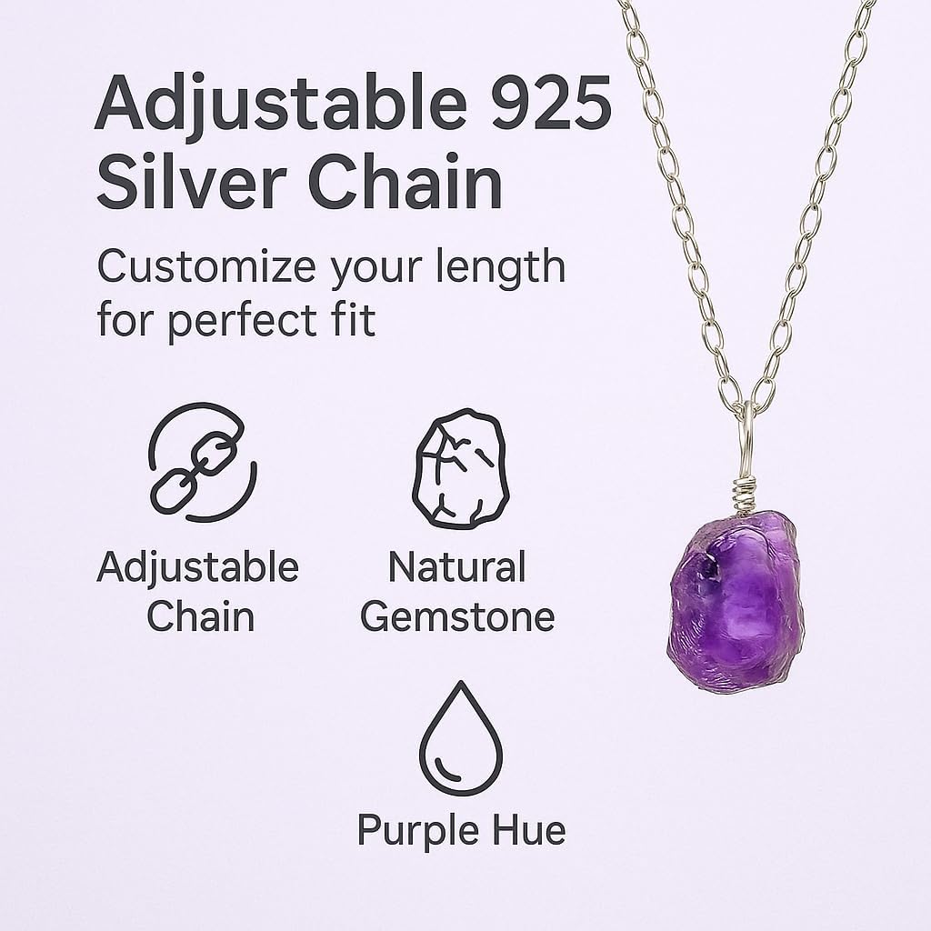Raw Birthstone Crystal Necklace for Women, Hypoallergenic 925 Sterling Silver Pendant, Adjustable 16+2" Silver Chain, Light Natural Gemstone Jewelry for Everyday Wear & Gift for her & him