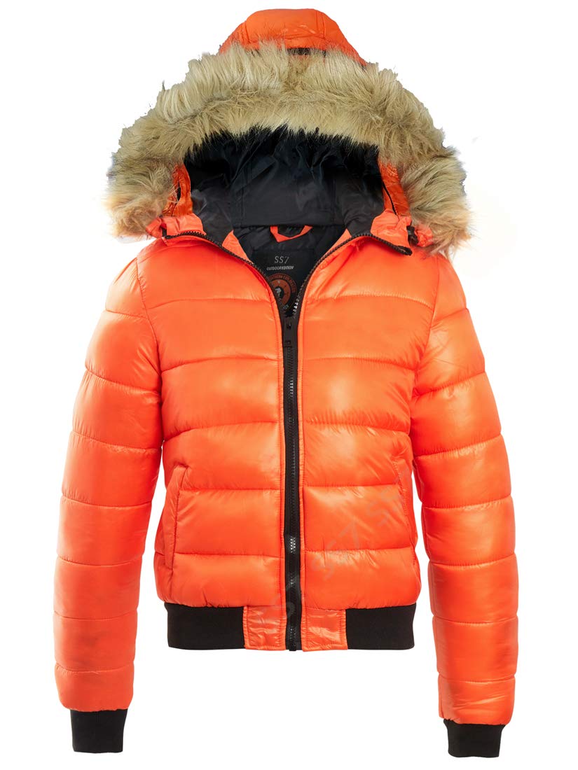 Ss7 Women's Orange Puffer Jacket Padded Faux Fur