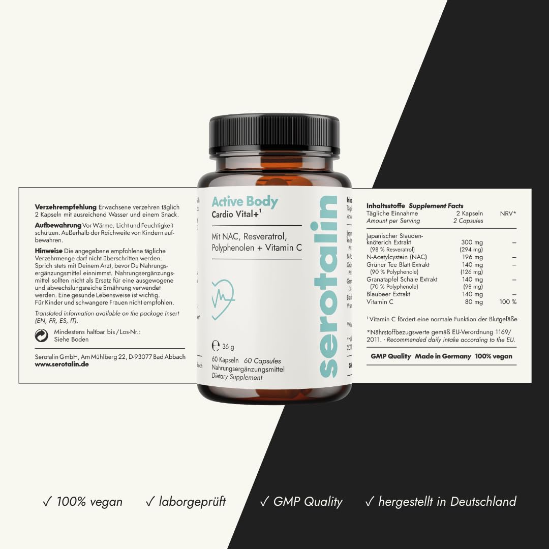 serotalin Active Body Cardio Vital+| Resveratrol hochdosiert mit NAC, Vitamin C & Polyphenole| 100% vegan & Made in Germany | 1 Monat | 60 Kapseln