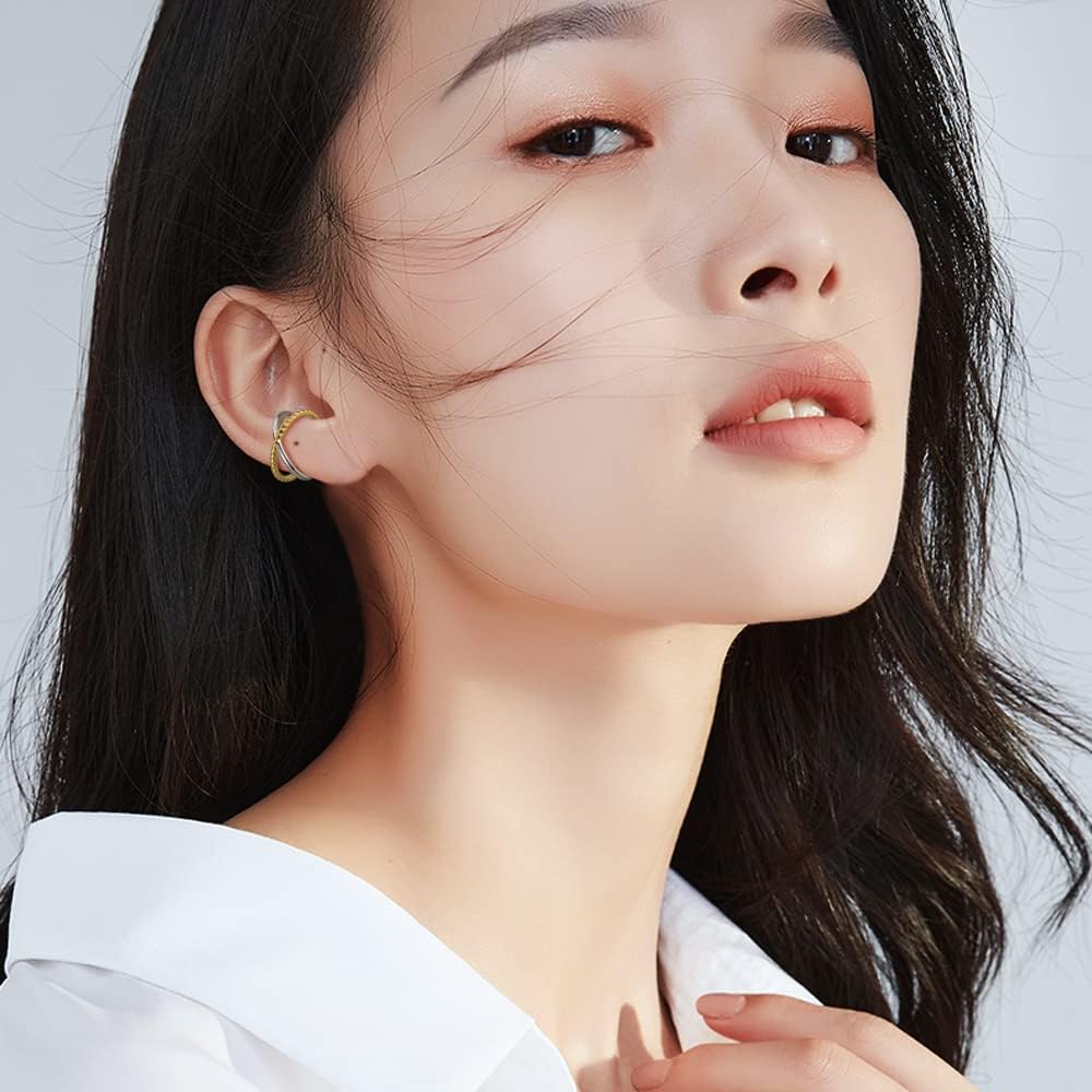 immobird Ear Cuff Earrings for Women Non Piercing X-Shaped Gold Ear Cuffs and Ring Two Tone Silver and Yellow Twisted Fake Earrings