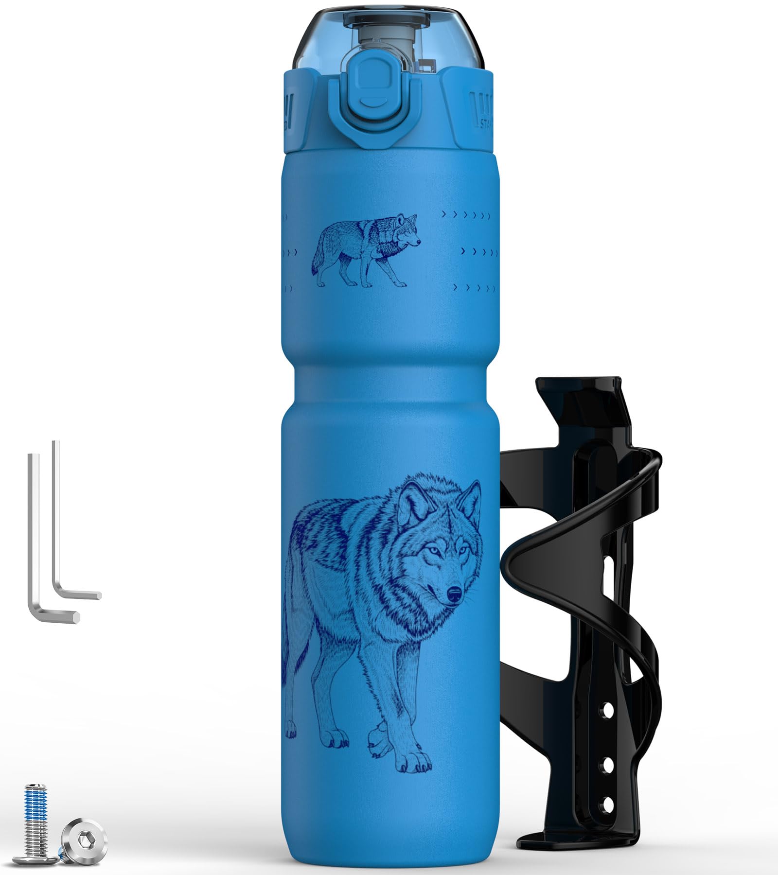 MYFOREST 24oz/700ml Insulated Bike Water Bottle, Odor-Free Surgical Steel Liner, Stronger Grip for Rough Trails, Quick-Open Gulp/Straw 2-in-1, Dirt Cap (Blue Wolf Combo) — image 1