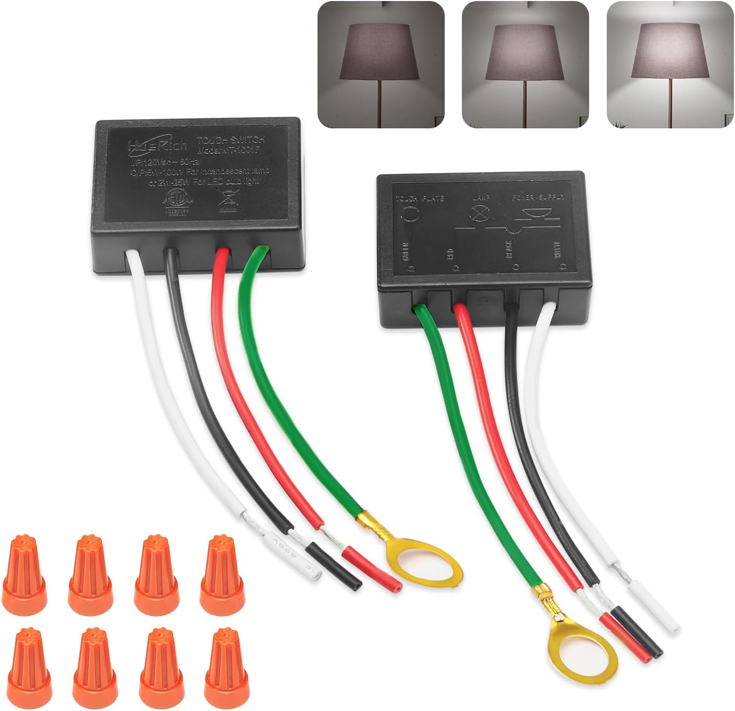 Touch Lamp Switch 2 Pack, Touch Lamp Control Module for Dimmable LED, Incandescent, Halogen Bulbs, Lamp Switch Replacement Kit, Touch Dimmer Sensor with 3 Levels Brightness and Wiring Caps