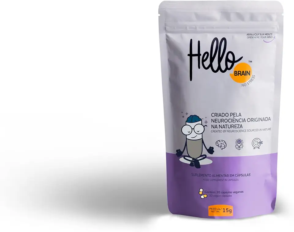 Hellobrain No Stress Suplemento de Saúde Cerebral, Nootropic, Clareza Mental, Foco e Concentração, Performance Cognitiva, 30 cápsulas (15 doses)