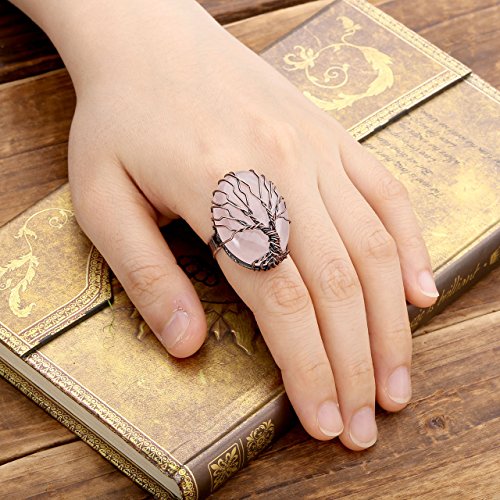 Top Plaza Handmade Retro Vintage Copper Wire Wrapped Life Tree Oval Gemstone Healing Crystal Adjustable Ring Bronze Band Size 6 7 83