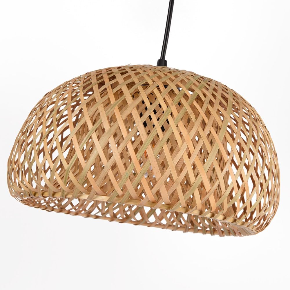 BARCELONA LED Lámpara Colgante Triple de Mimbre y Bambú Natural Base Metálica Negra, Estilo Nórdico y Japonés, 3xE27, Iluminación Cálida para Salón, Comedor o Restaurante