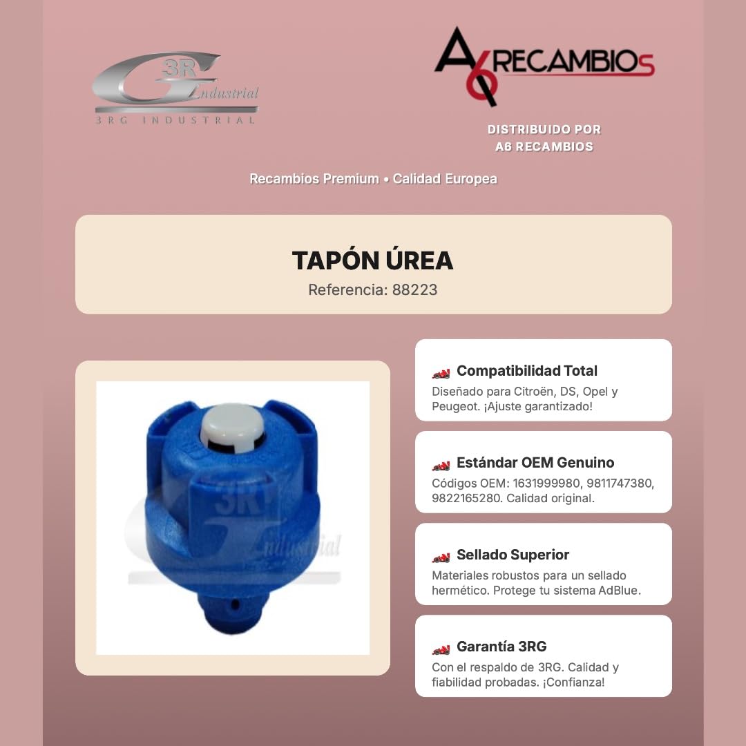 3RG INDUSTRIAL - TAPÓN ÚREA 88223 - Sellado para Depósito de Aditivo - Compatible OEM 1631999980