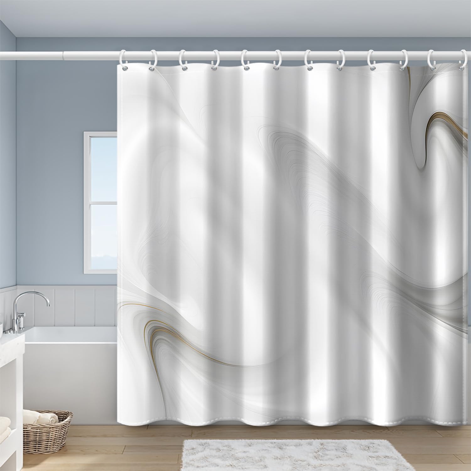 Cortina de ducha impermeable de mármol blanco y gris, tela de poliéster a prueba de moho, decoración de baño elegante para todas las estaciones, 150 x 240 cm (ancho x alto)