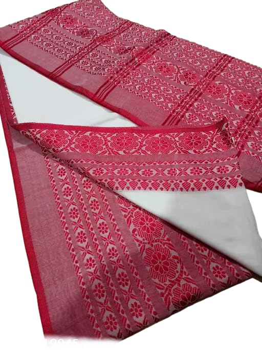 White and Red Floral Printed Cotton Saree, Traditional Indian Ethnic Use-image-23