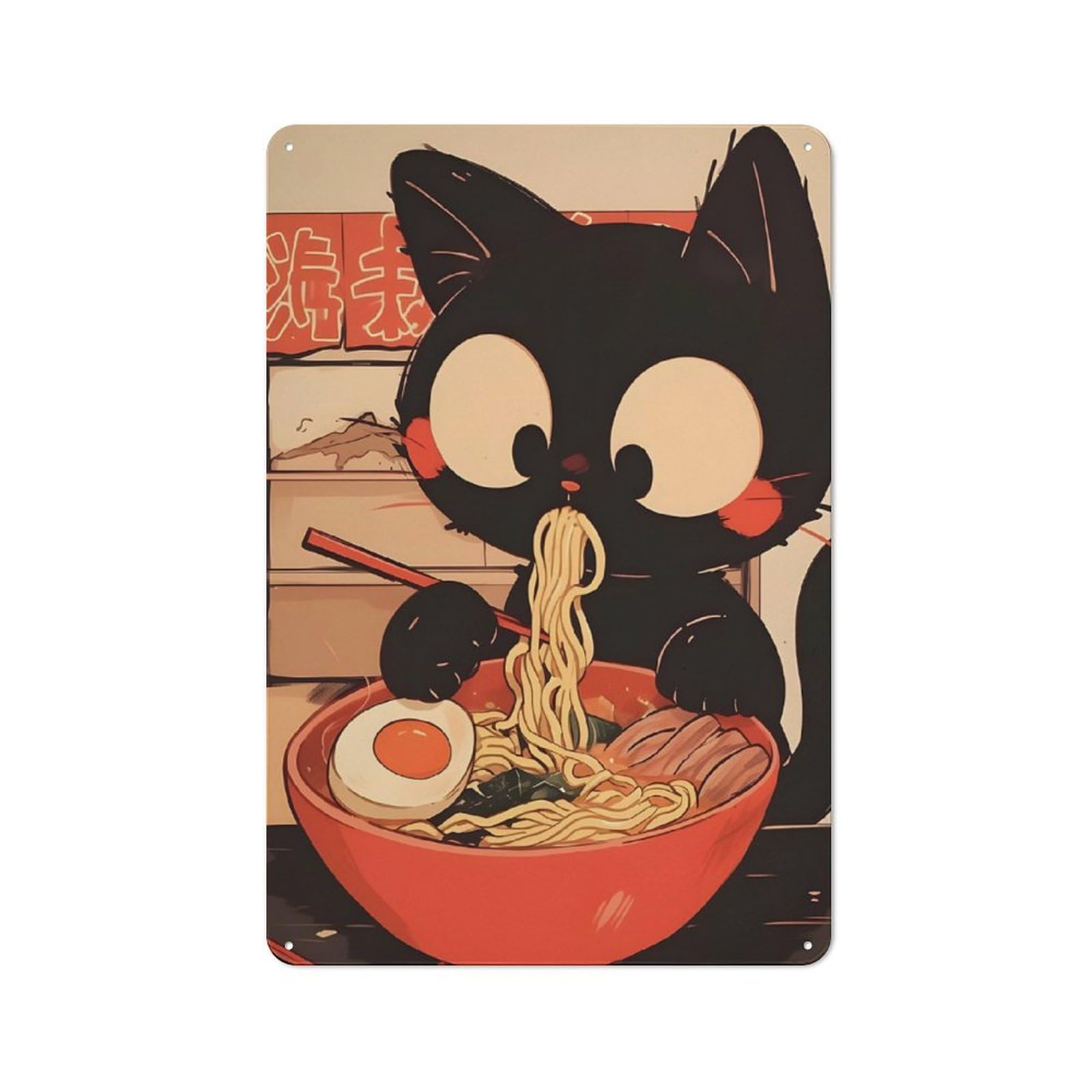 Junmoney Style-21 Black Cat Eating Ramen - Tokyo Noodle Retro Tin Wall Plaque 30X20cm For Garage Or Workshop, A Metal Wall Feature For Garages And Tool Rooms
