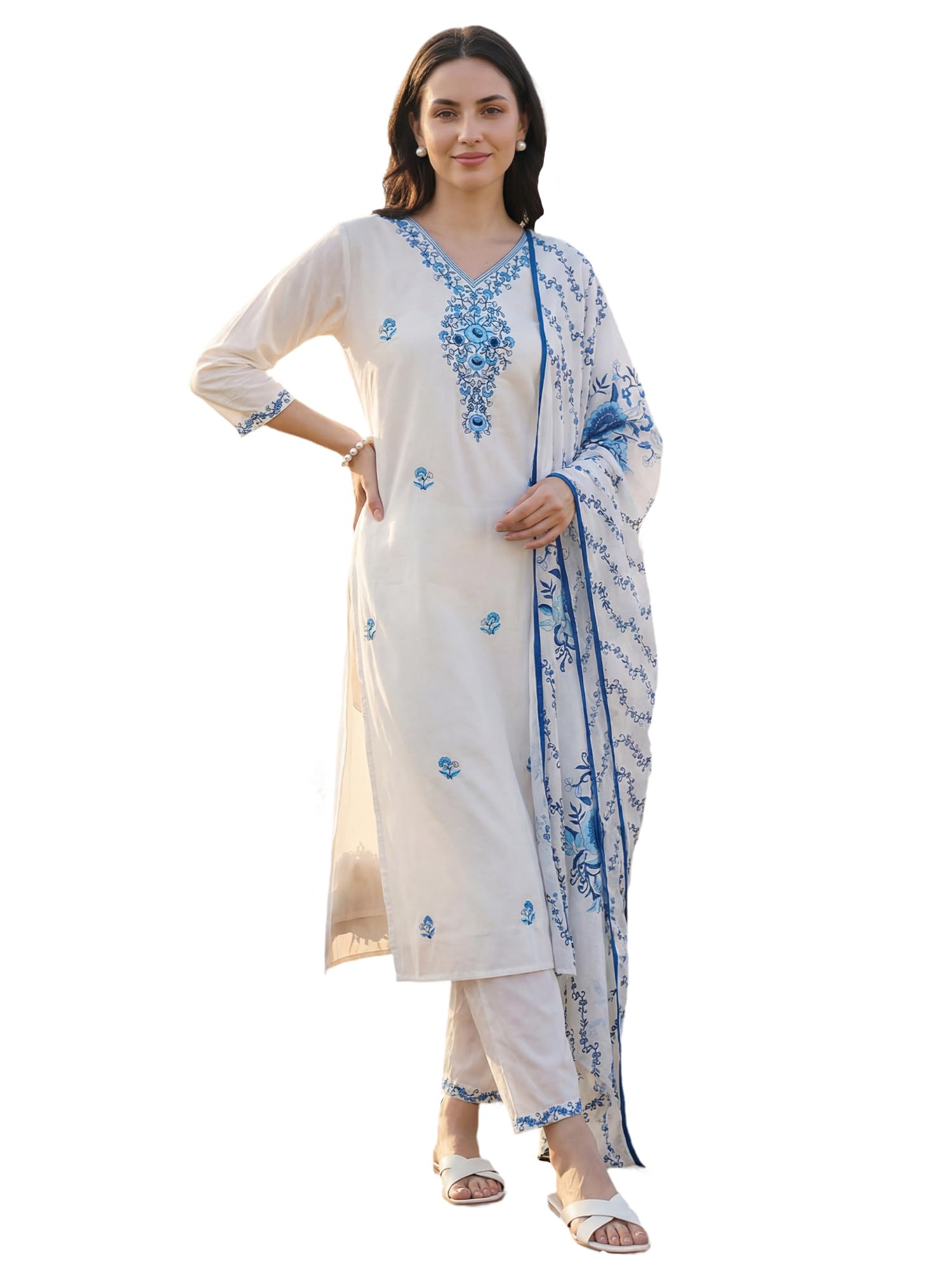 indo era Women's Pure Cotton Floral Embroidered Thread Work Kurta & Pant with Dupatta Set (IEAI10881)-picture-26