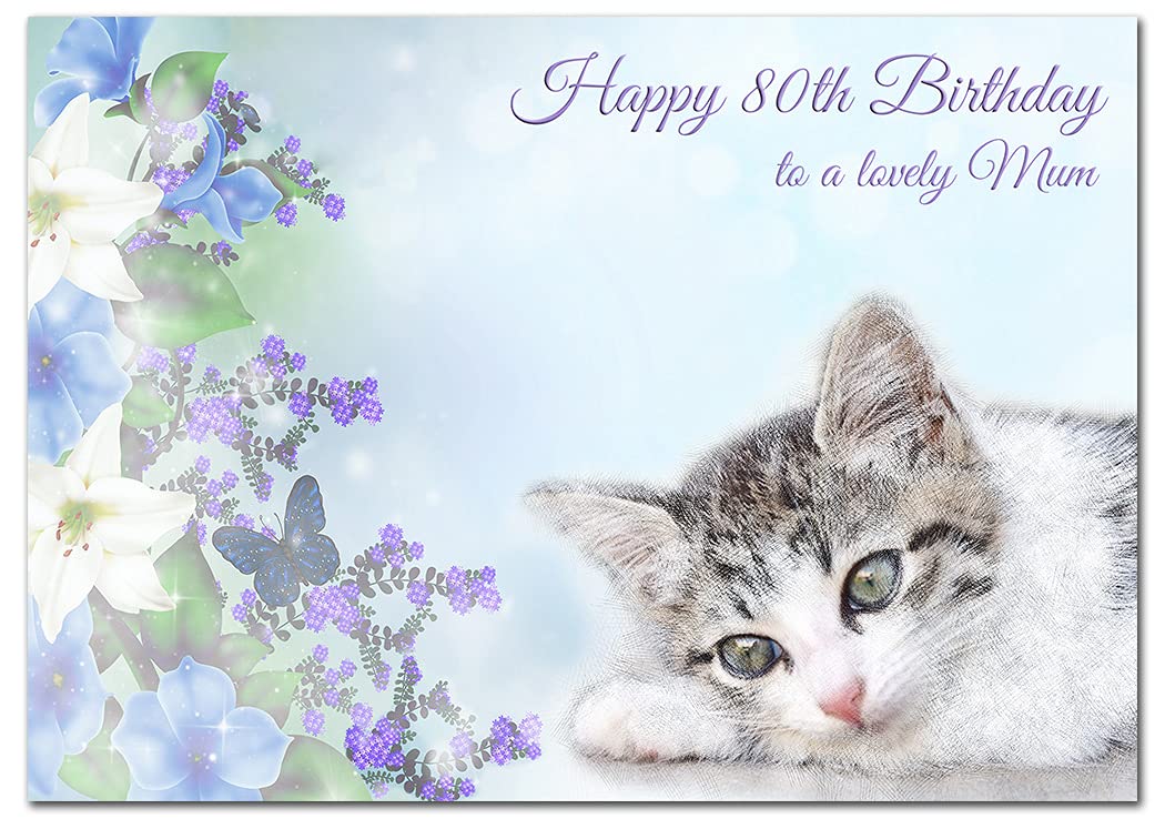 Extra Large Mum 80th Birthday Card - XL Big thick A4 size - Special Age Year Greeting Her Women Female - Beautiful Art Cute Cat Flowers Watercolour - Nice Huge Happy Wishes UK Eco-Friendly