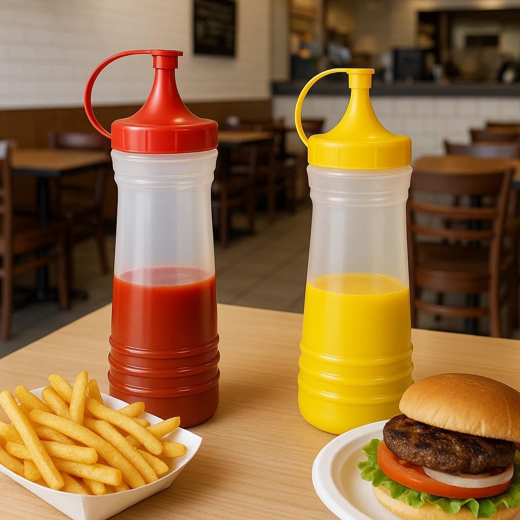 17 oz Squeeze Condiment Bottle Set – 2-Pack Mustard & Ketchup Dispensers by Dependable Industries – Snap Top, BPA-Free, Leak-Proof, Dishwasher Safe – Clear Plastic, Red & Yellow Caps