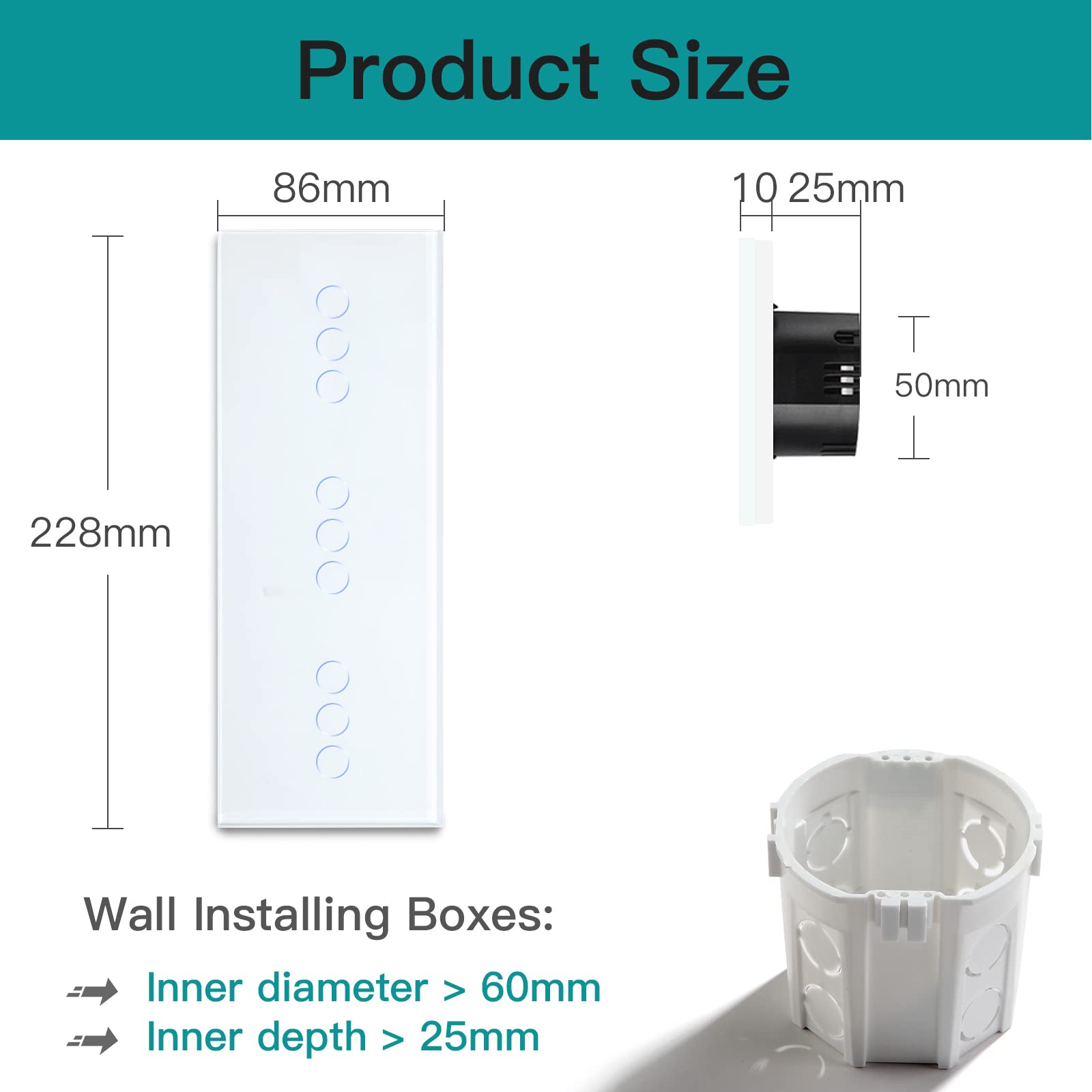 BSEED Dreifach Smart Alexa Wlan Lichtschalter Ohne Neutralleiter, WIfI Touch Schalter aus Glas, Alexa und Google Home Work mit Tuya, 3 Fach+3 Fach +3 Fach 228mm Weiß