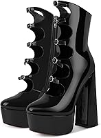 Rhineshell Women's 5.9" Platform Block Heel Pumps with Side Zipper & Adjustable Buckles - Party High Heels