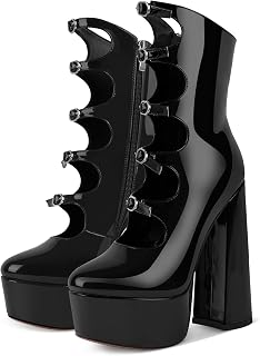 Rhineshell Women's 5.9" Platform Block Heel Pumps with Side Zipper & Adjustable Buckles - Party High Heels