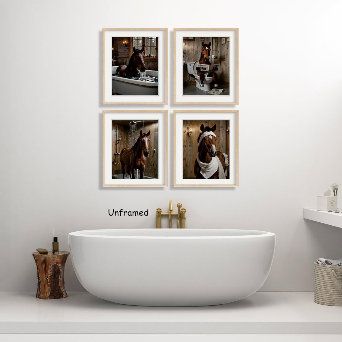 Funny Horse Bathroom Wall Art, Brown Wild Horse Canvas Wall Art,Set of 4 Quirky Rustic Animal Prints,Retro Farm Animal Posters,for Home Farmhouse Bathroom Bedroom Living Room (8x10inch Unframed)