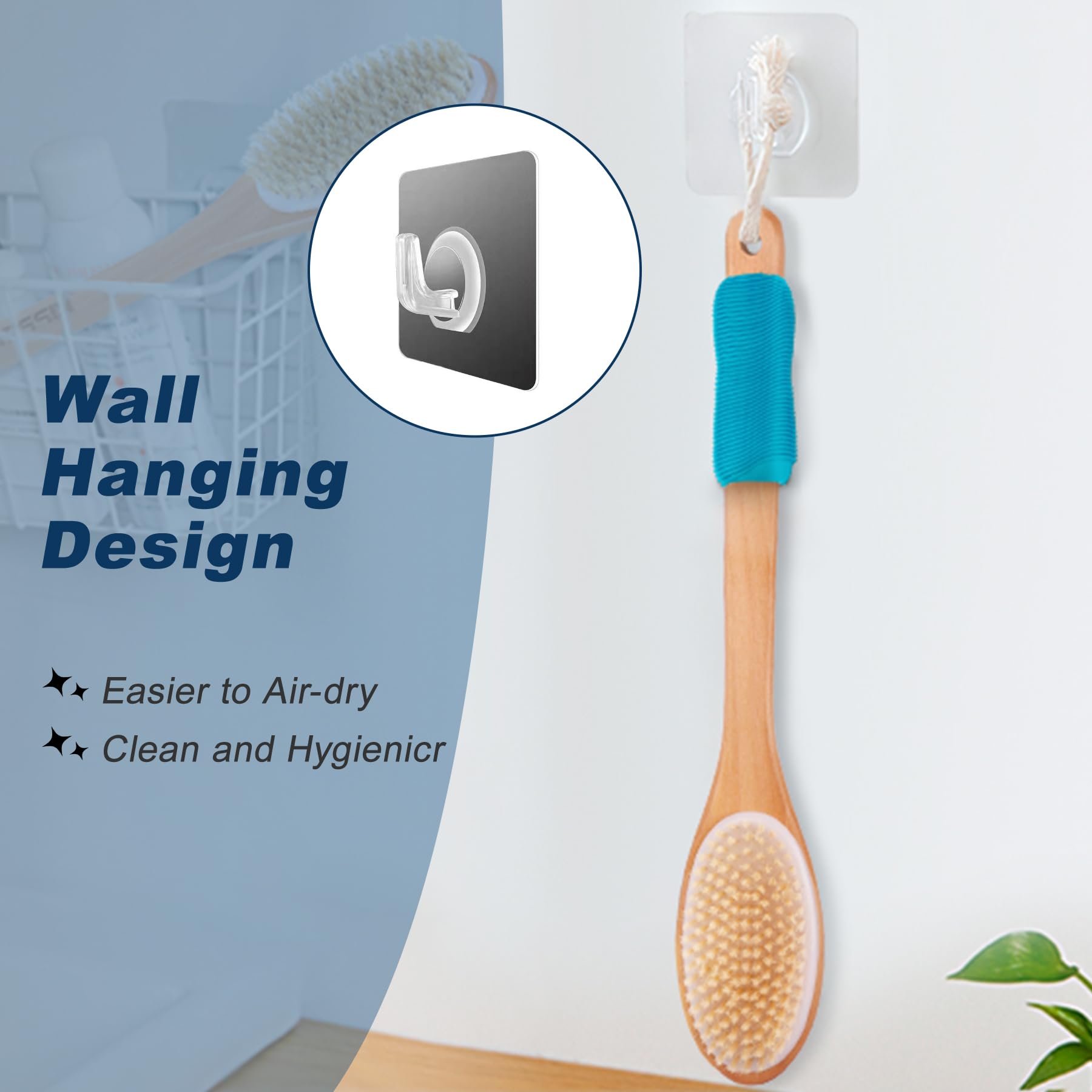 Ergonomischer Rückenschrubber mit langem Griff, für Dusche, doppelseitiges Peeling, Körperschrubber für Damen und Herren, Blau