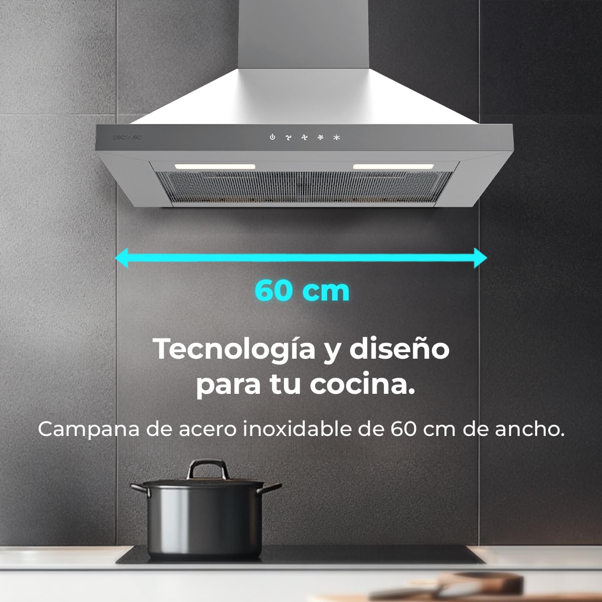 Cecotec Campana Extractora 60cm Piramidal Bolero Flux PT 604000 Inox A+++. Succión 427,6m3/h, 3 Velocidades, SS Touch Control, Acabado Inoxidable, Bajo Consumo, Motor DC, Luz LED, Filtros Incluidos
