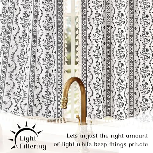 Image of Yinhua Boho Kitchen Curtains 36 Inch Length Vintage Linen Cafe Curtains Light Filtering Bohemian Floral Tier Rod Pocket Farmhouse Rustic Tassel Small Drapes with Tiebacks, 2 Panels, White Black