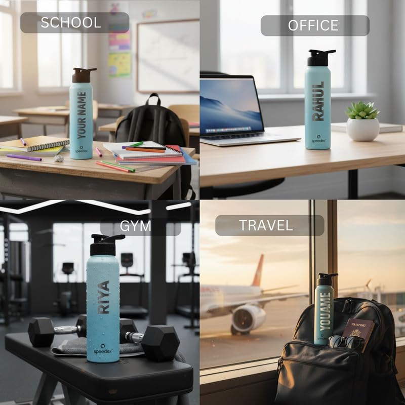 Image of Speedex Customised Stainless Steel Water Bottle 1 Ltr with Name - Personalised Engraved Sipper Cap Bottle for Kids, Men & Women, School, Gym, Office Dual Blue, Set of 1