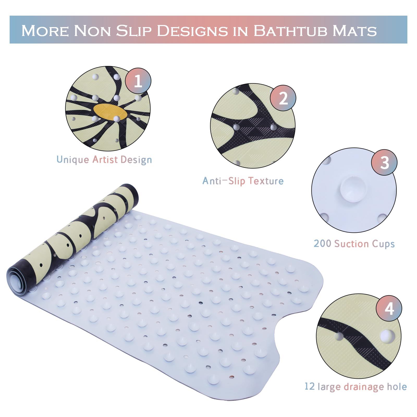 Floral Bathtub Mat Non Slip for Kids Botanical Extra Long Anti Slip Bath Mat for Tub Abstract Flower Bath Shower Mat with Large Drain Holes and Suction Cups Quality Plant Design Bathroom Decor 40x16in - Image 3