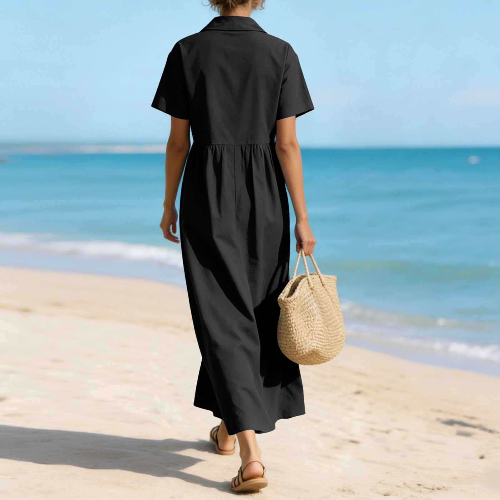 Vestido de Lino Vestidos sin Manga Verano Mujer Largo Vestido de Lino y Algodón Holgados Ligeros y Fluidos Vestidos con Botones Elegante Roba Ligera Elegante para Fiesta Playa Vacaciones S-3XL