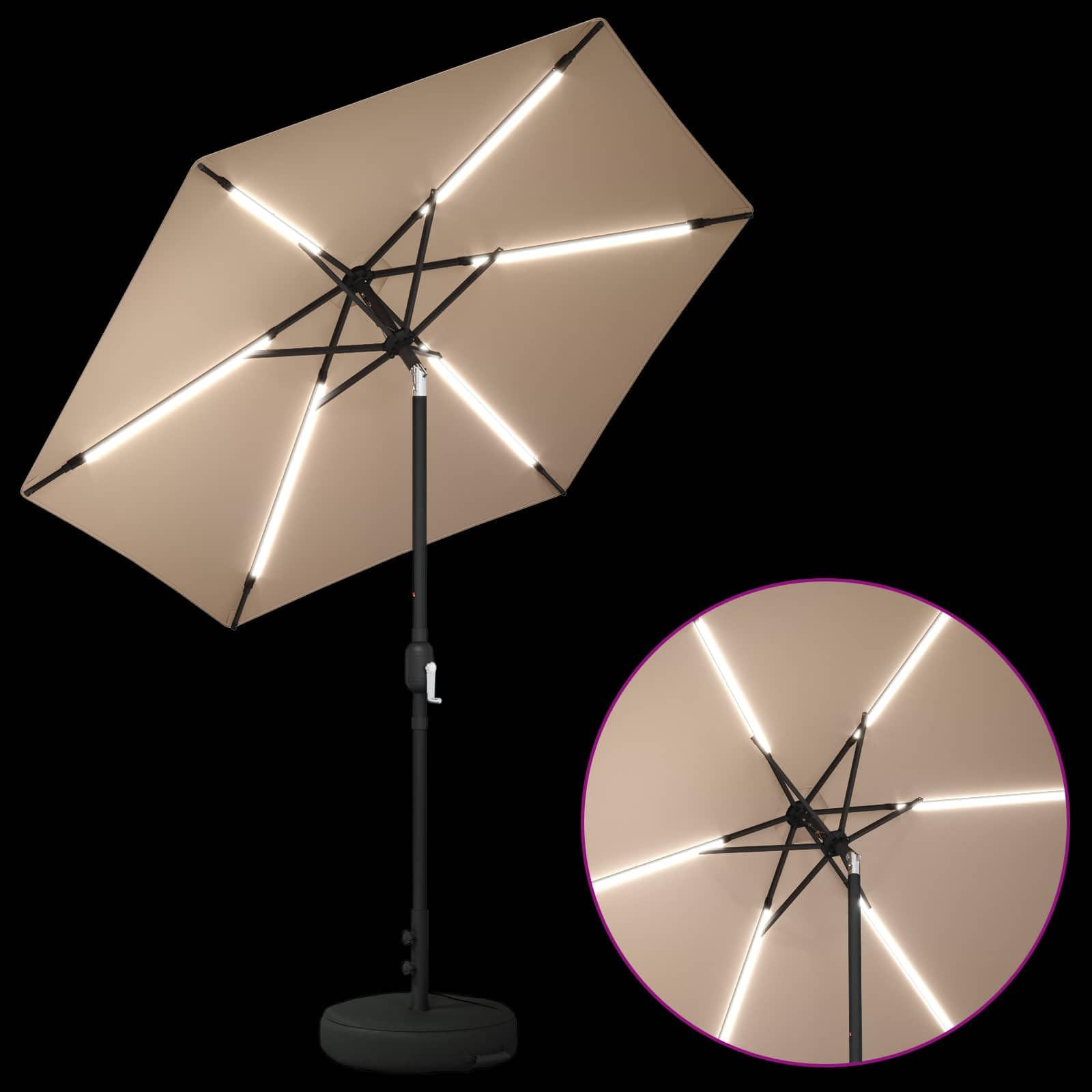 SYDE Ombrellone da giardino con luci LED e base, 230 x 230 cm | Poliestere 160 GSM, inclinazione regolabile, solare, sacco di sabbia, verniciato a polvere