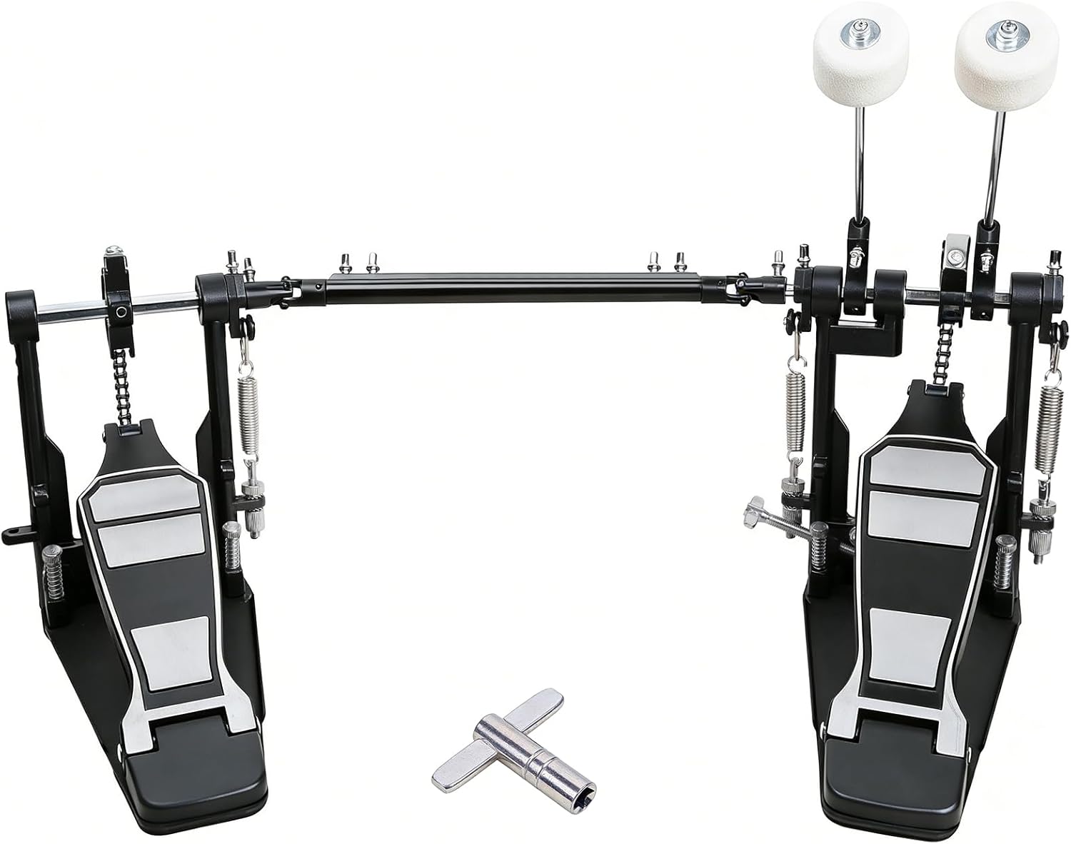 Double Bass Drum Pedal, Double Chain Drive Kick Pedal with Adjustable Felt Beater, Non-Slip Wide Base, Adjustable Spring Tension & Drum Key, Silver Double Pedal for Acoustic & Electronic Drum Sets