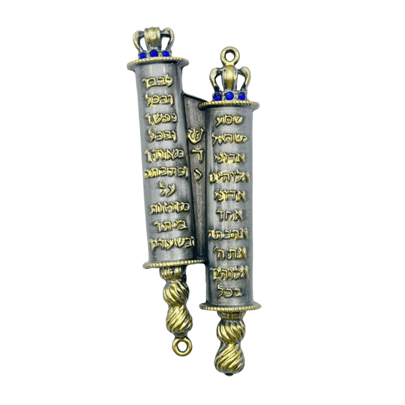 Enakshi® Embossed Lettering Hebrew Scroll Charm Crown-Like Tops Scroll Charm Blue Bead Accents Hanging Charm Twisted Ends, Dark Gray-Gold-image-1